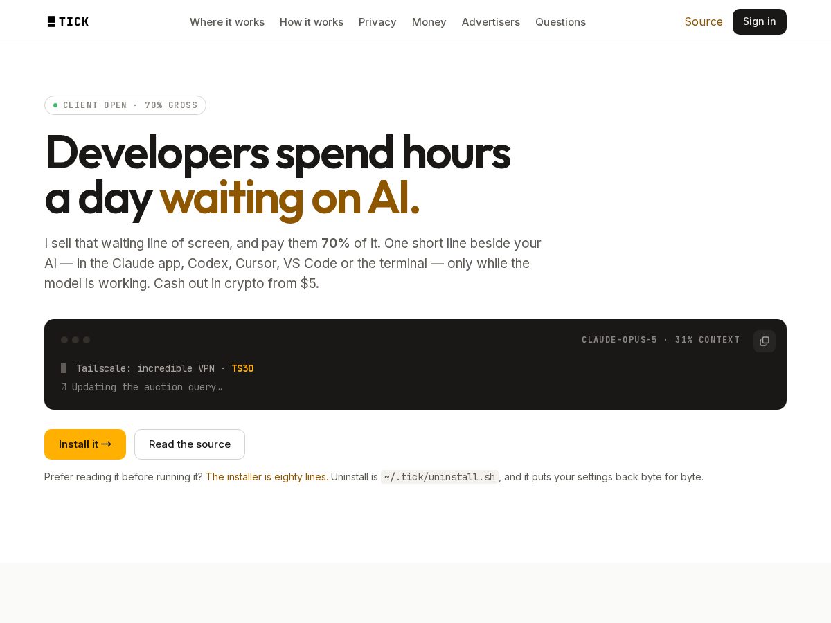 Landing-page snapshot of gettick.dev