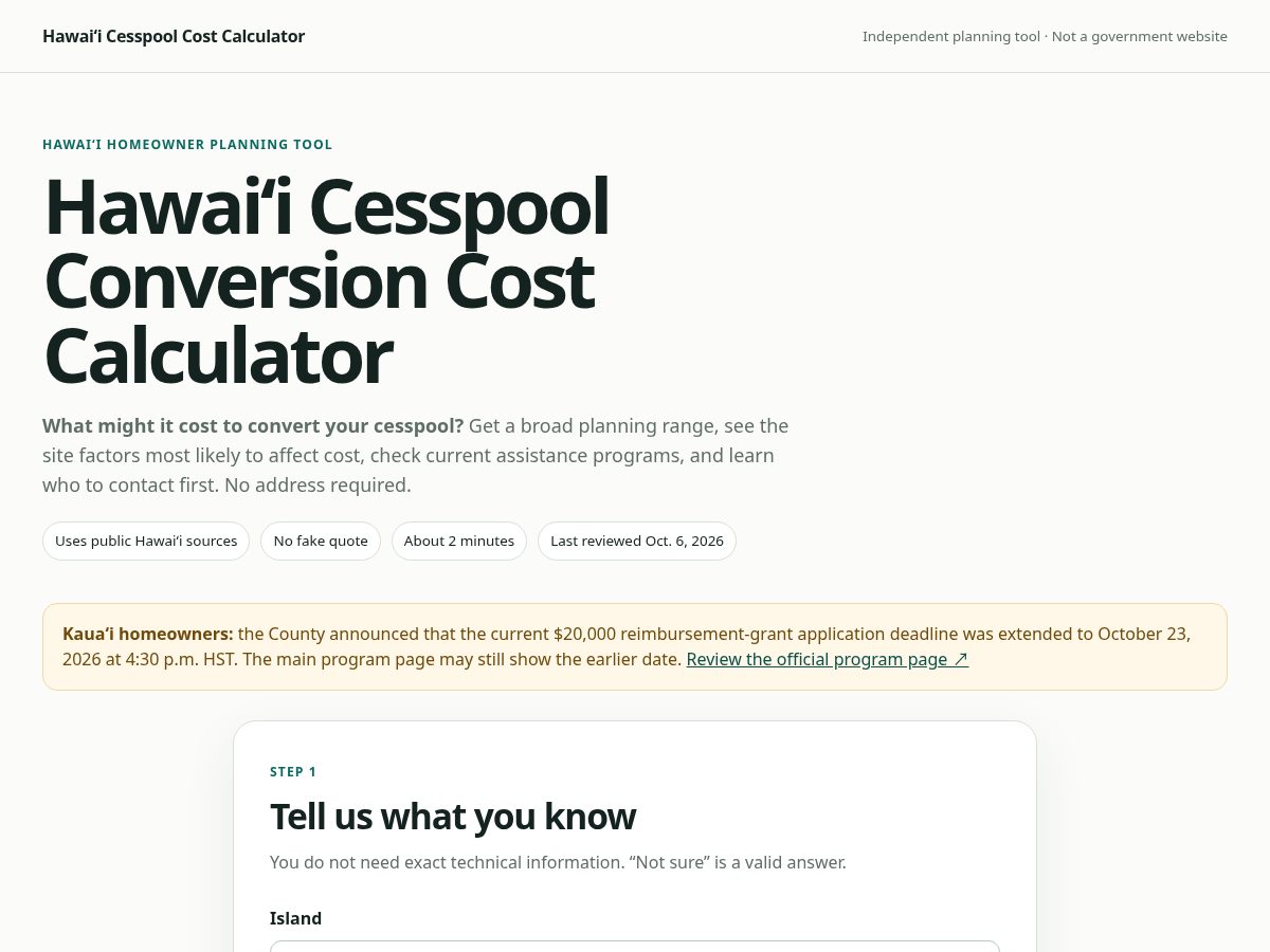 Landing-page snapshot of hawaiicesspoolcost.com