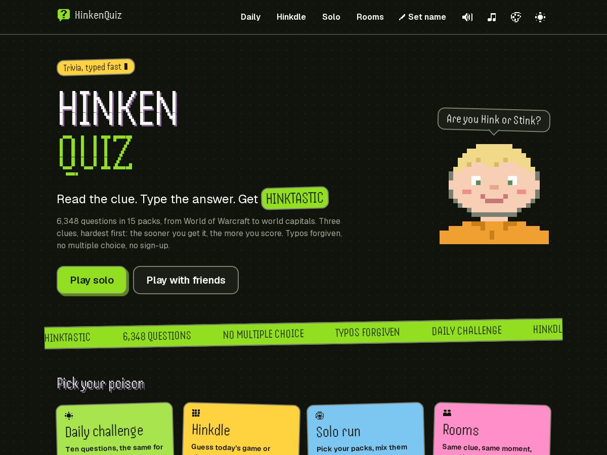 Landing-page snapshot of hinkenquiz.com