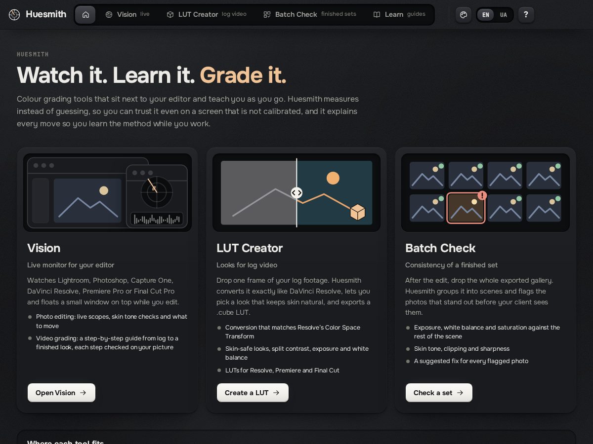 Landing-page snapshot of huesmith.app