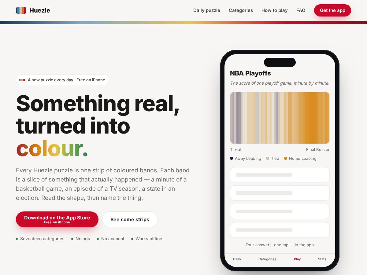 Landing-page snapshot of huezle.app