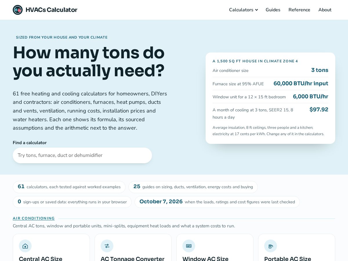 Landing-page snapshot of hvacscalculator.com
