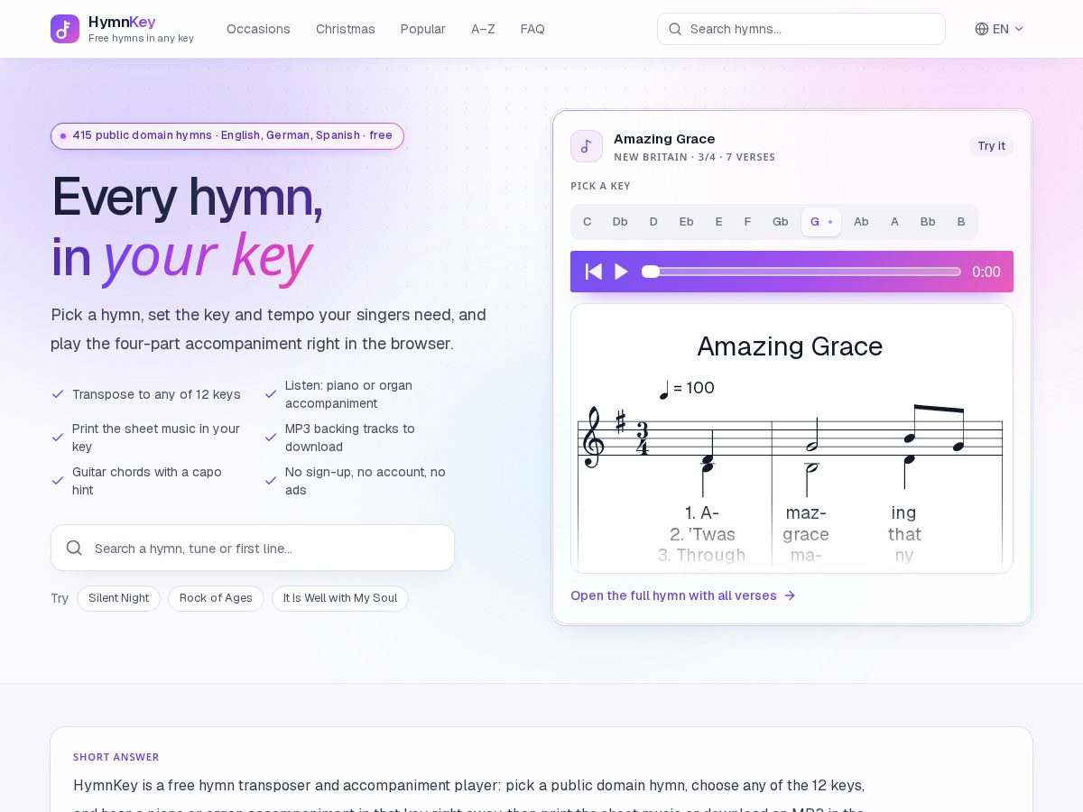 Landing-page snapshot of hymnkey.com