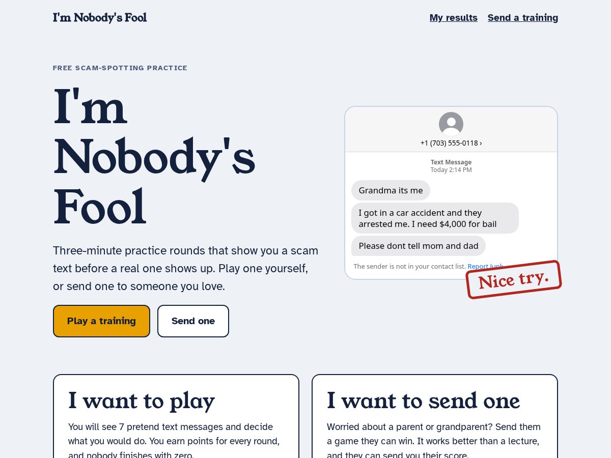 Landing-page snapshot of imnobodysfool.com