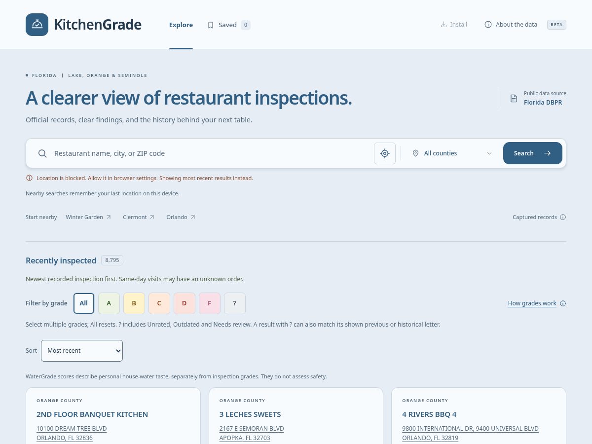 Landing-page snapshot of kitchengradeapp.com