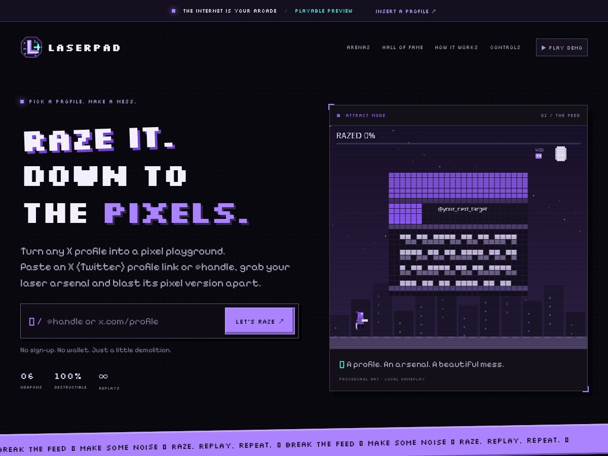 Landing-page snapshot of laserpad.fun