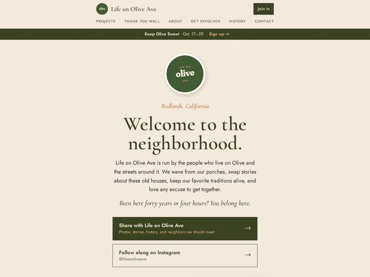 Landing-page snapshot of lifeonoliveave.com