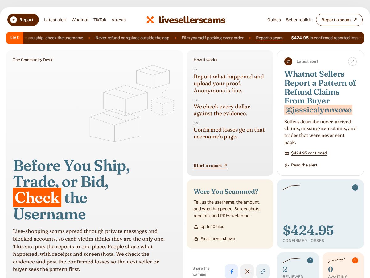 Landing-page snapshot of livesellerscams.com
