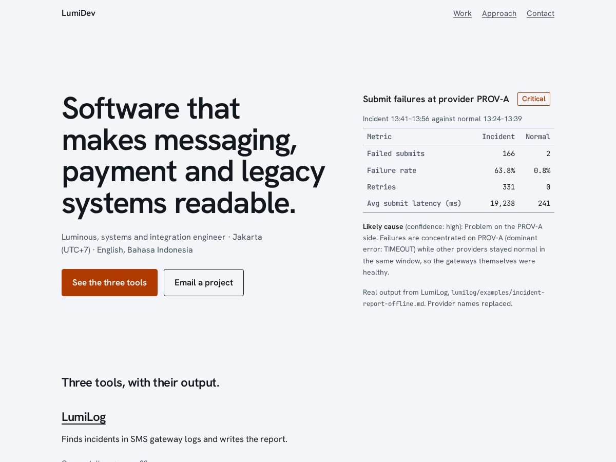 Landing-page snapshot of lumidev.online
