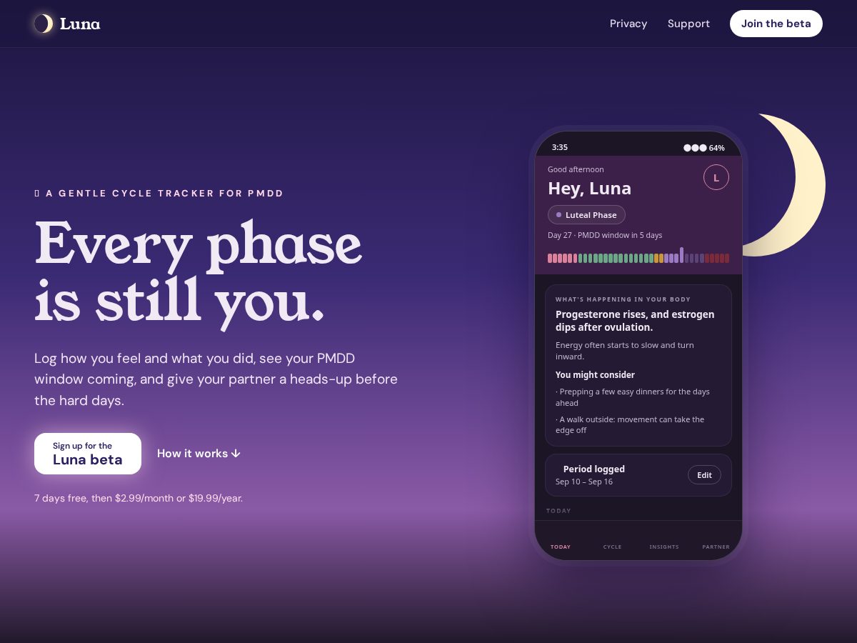 Landing-page snapshot of lunapmdd.app