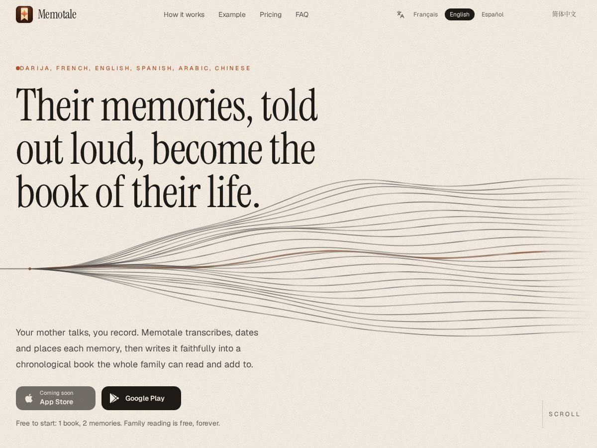 Landing-page snapshot of memotale.app