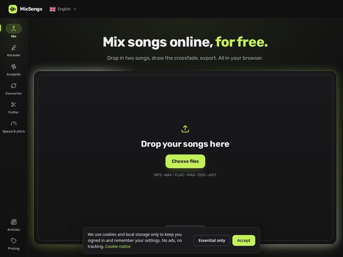 Landing-page snapshot of mixsongs.app
