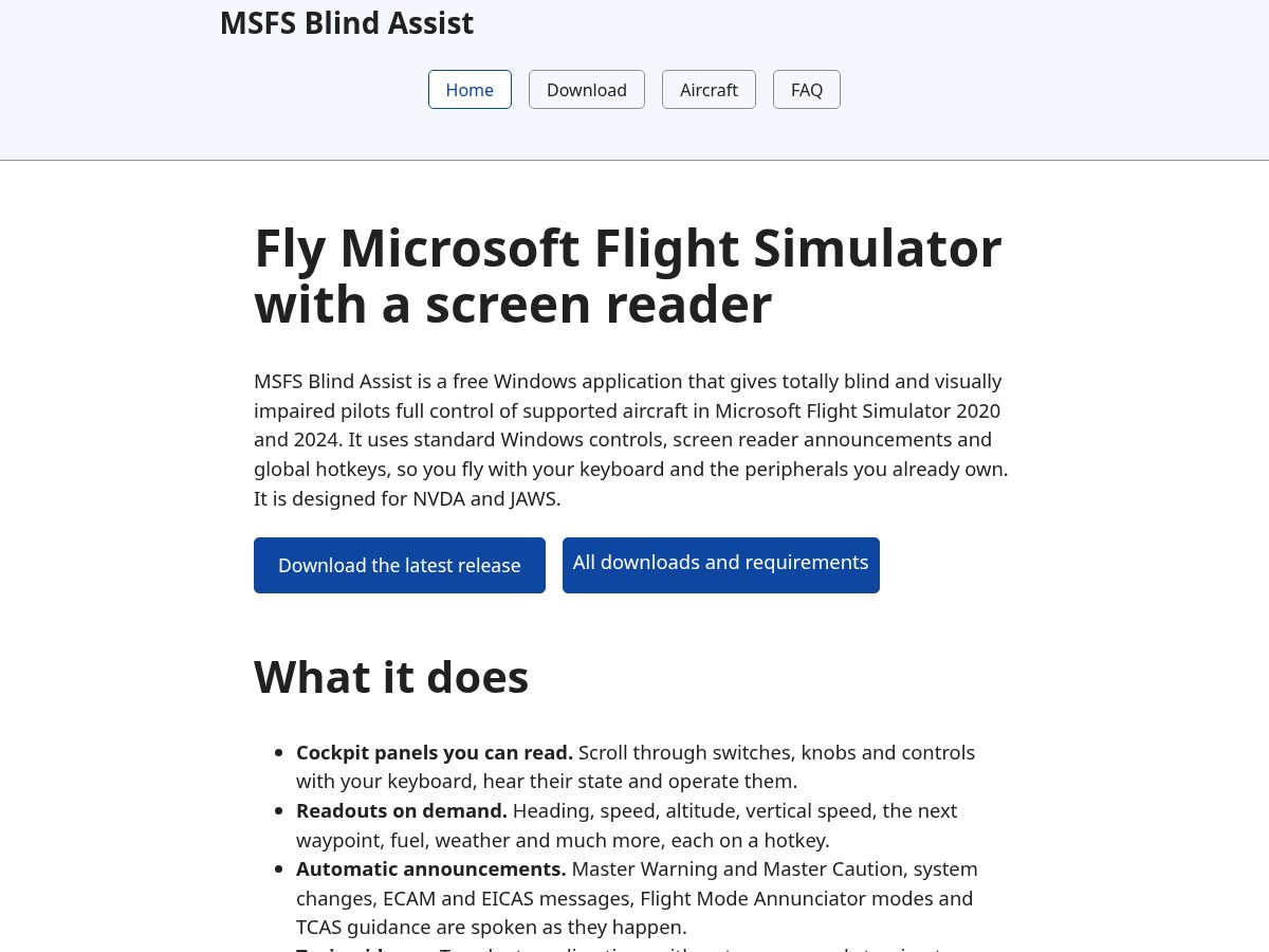 Landing-page snapshot of msfsblindassist.com