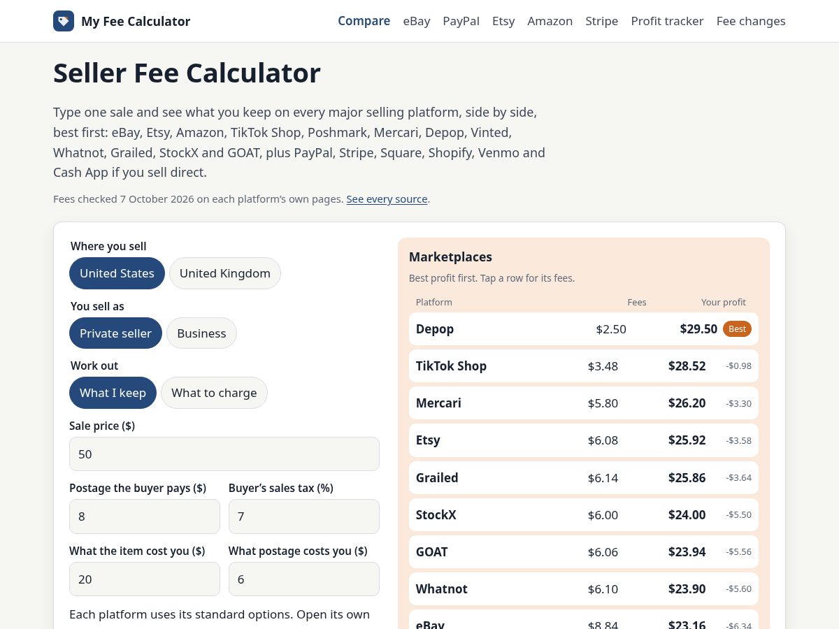 Landing-page snapshot of myfeecalculator.com