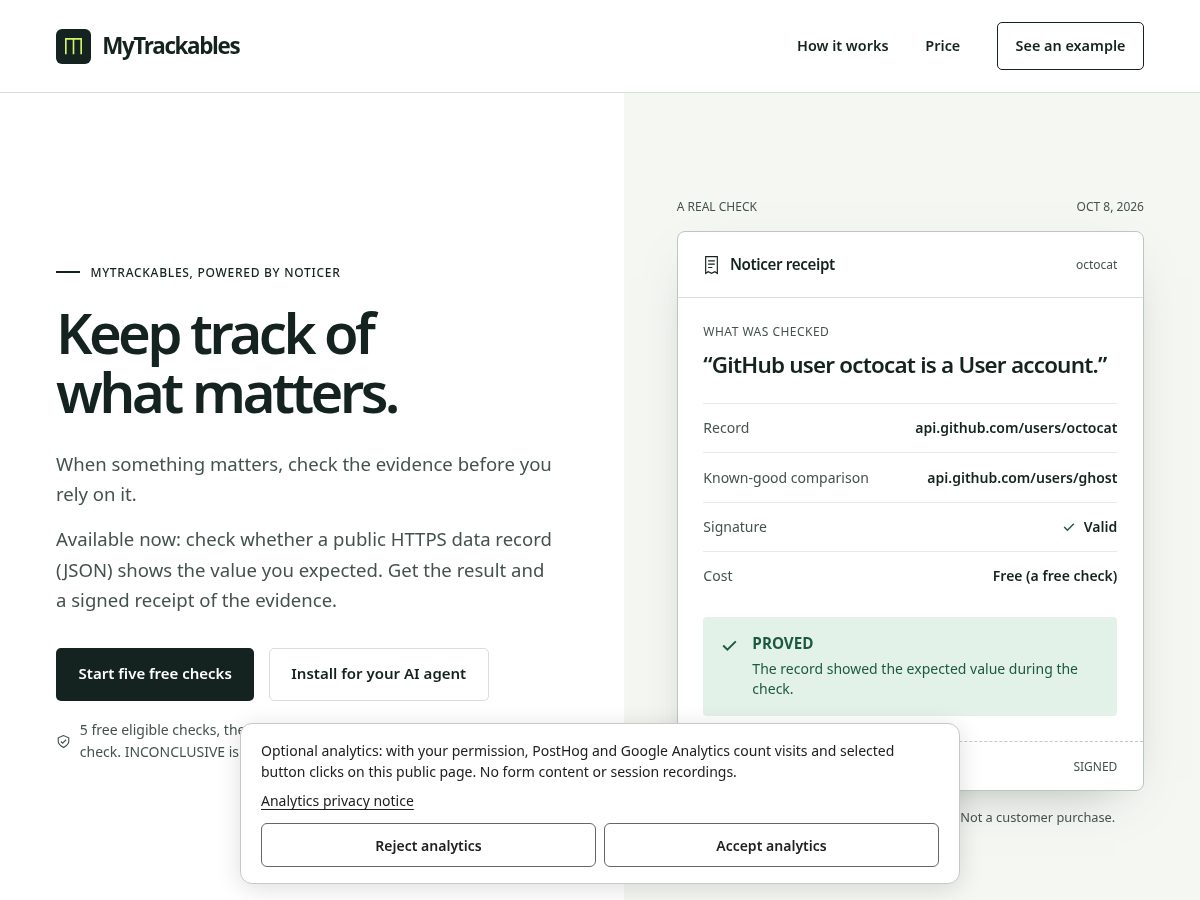 Landing-page snapshot of mytrackables.com