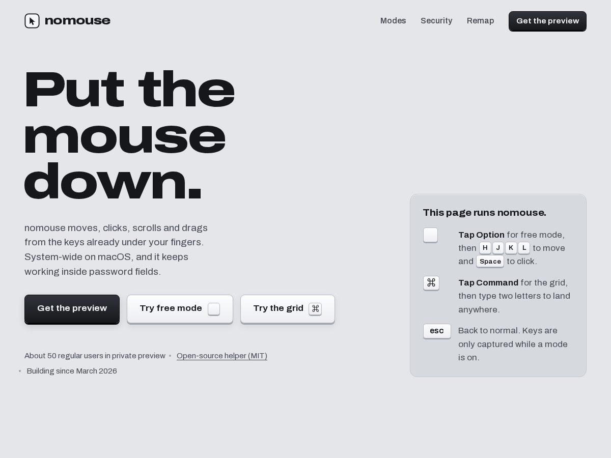 Landing-page snapshot of nomouse.app