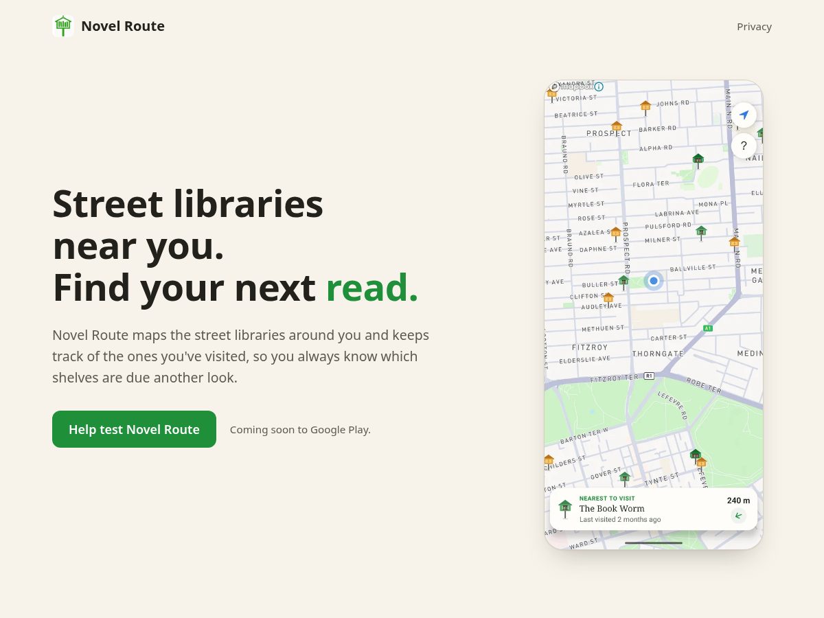 Landing-page snapshot of novelroute.app