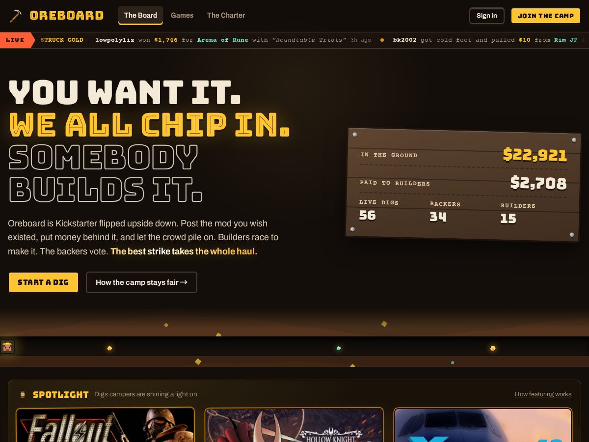 Landing-page snapshot of oreboard.com