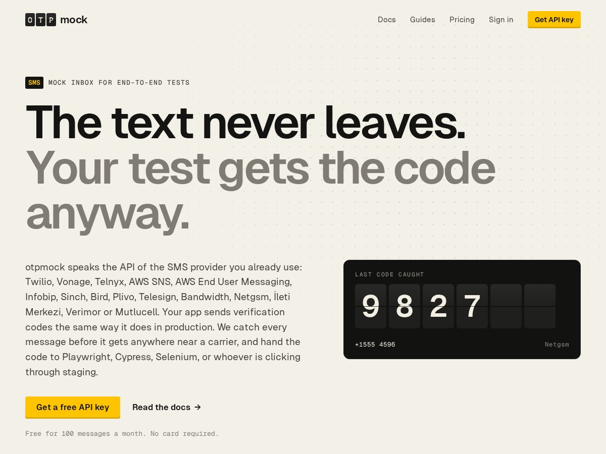Landing-page snapshot of otpmock.com