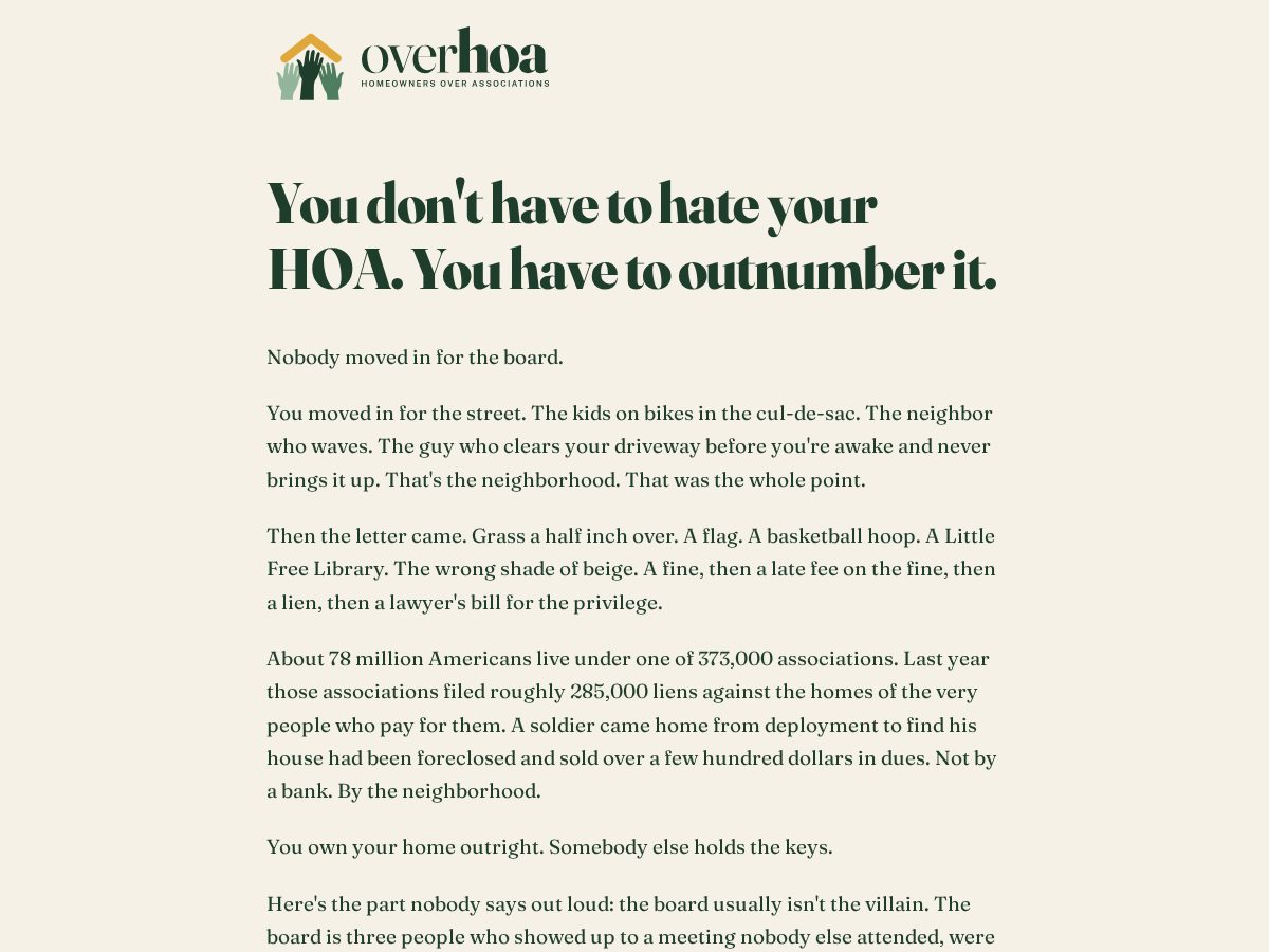Landing-page snapshot of overhoa.com