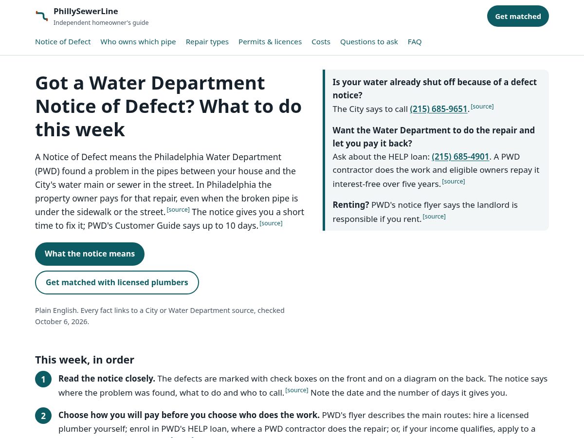 Landing-page snapshot of phillysewerline.com