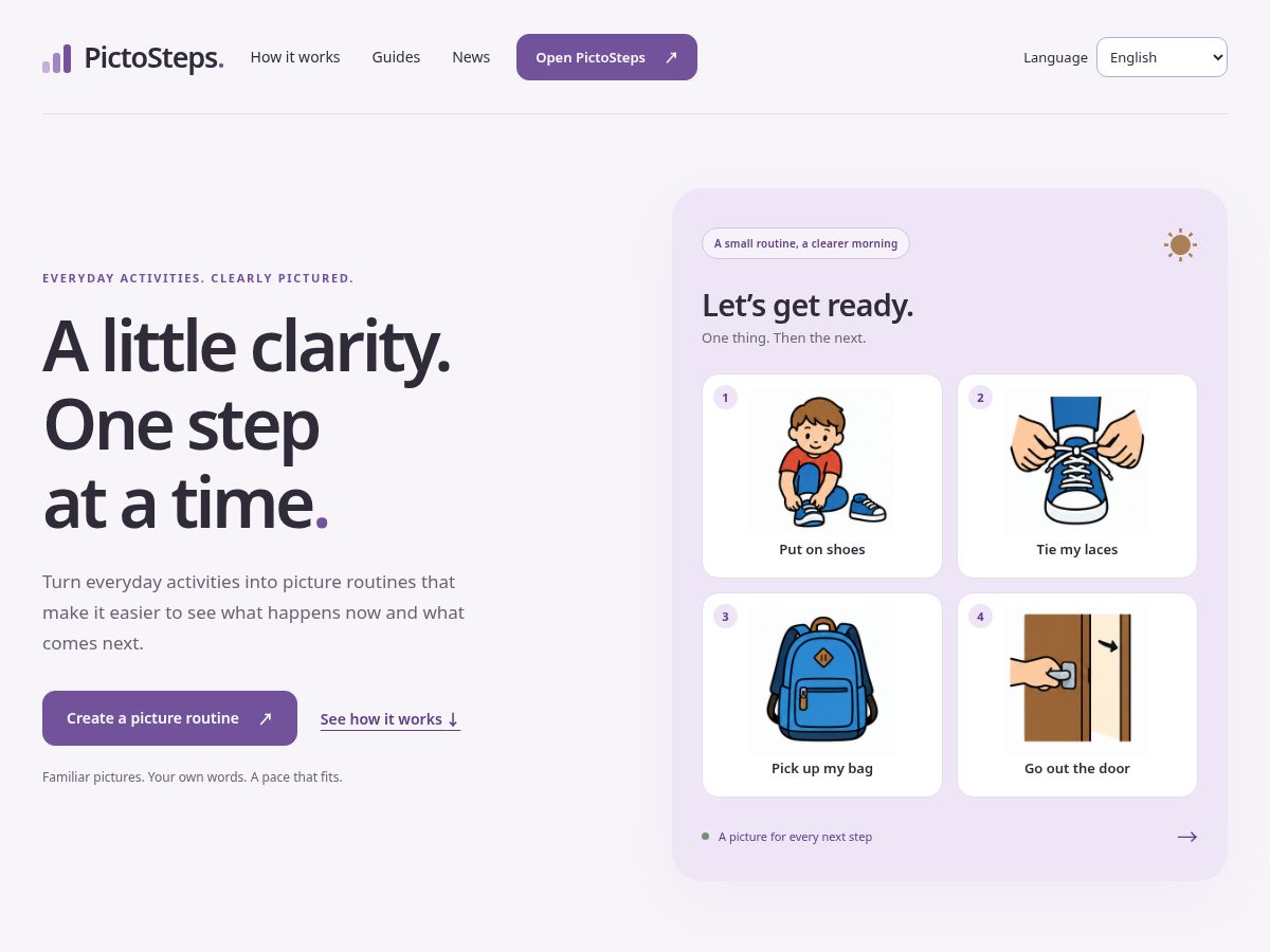 Landing-page snapshot of pictosteps.com