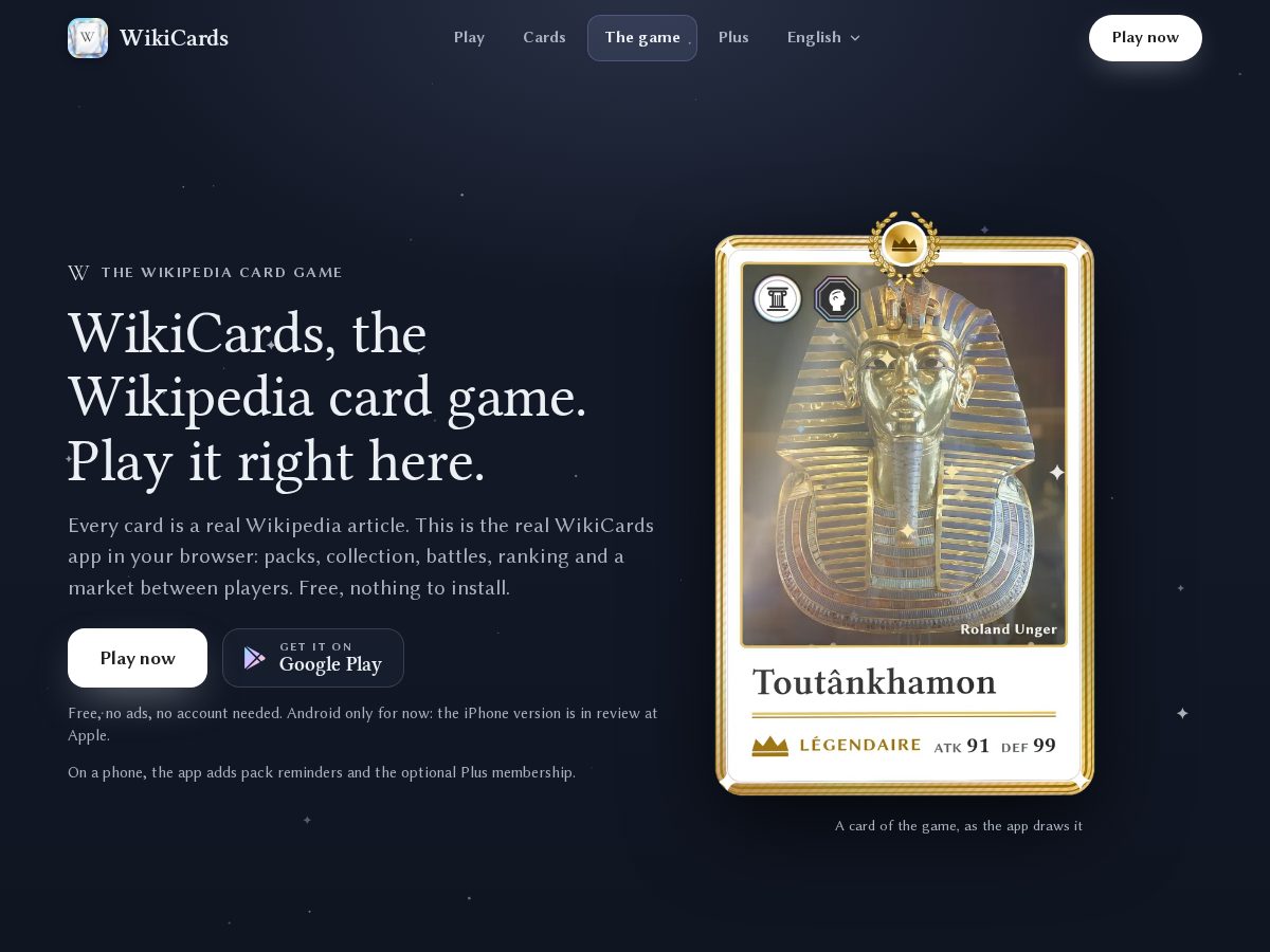 Landing-page snapshot of playwikicards.com