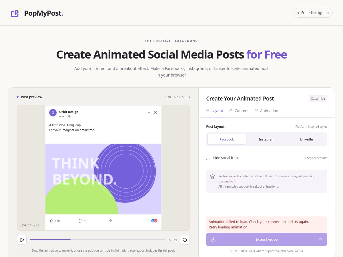 Landing-page snapshot of popmypost.com