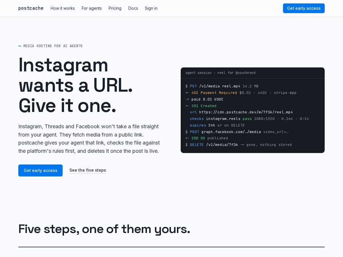 Landing-page snapshot of postcache.dev