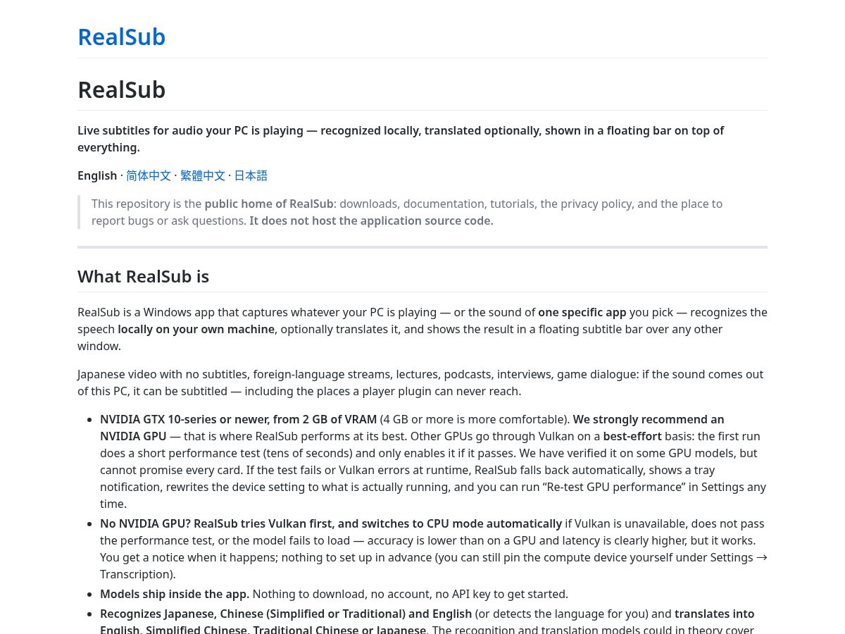 Landing-page snapshot of realsub.app
