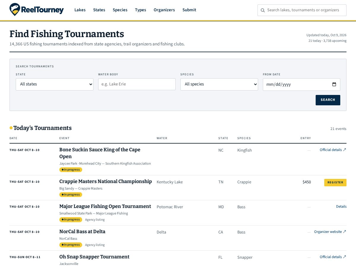 Landing-page snapshot of reeltourney.com