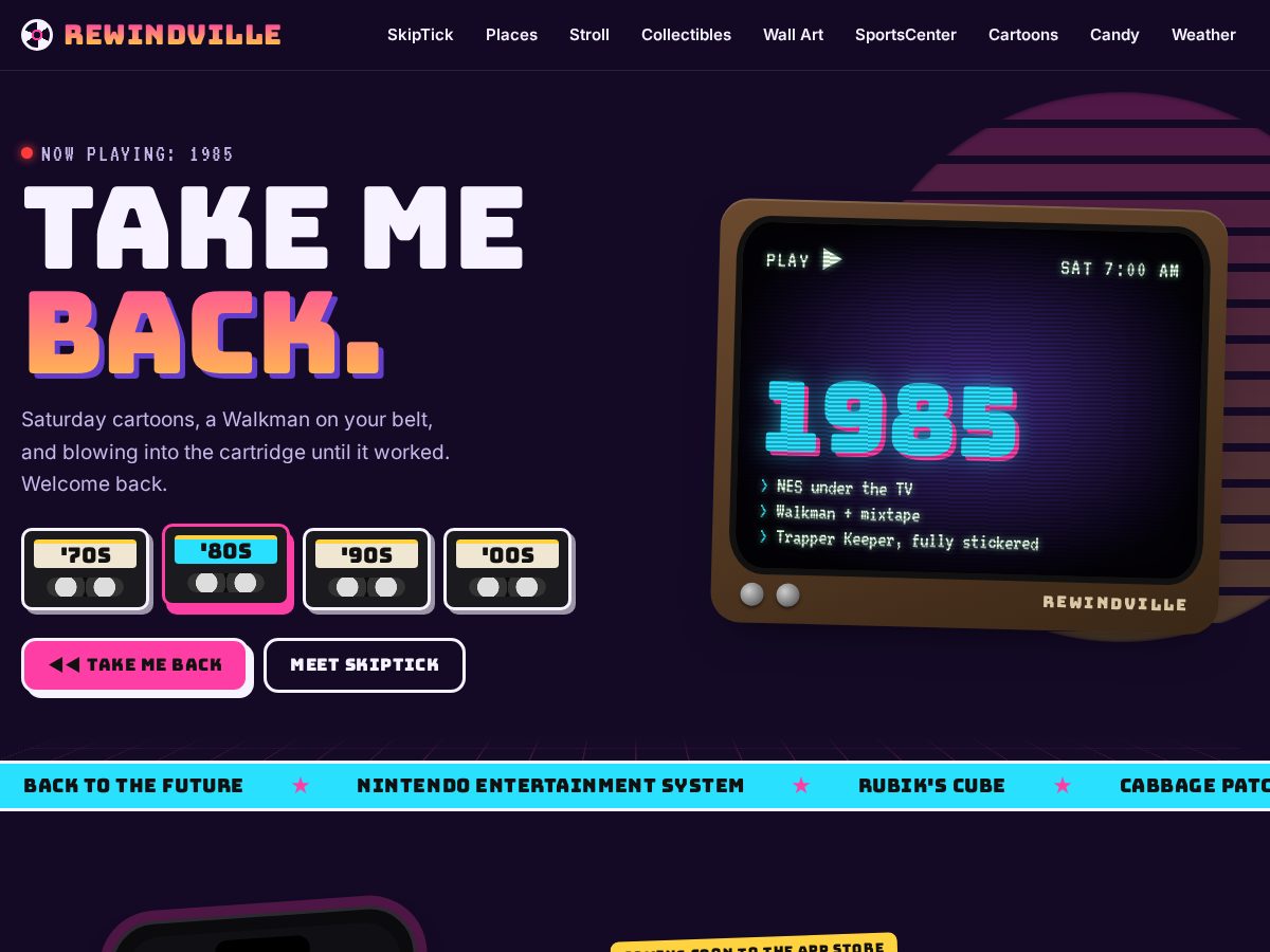 Landing-page snapshot of rewindville.com