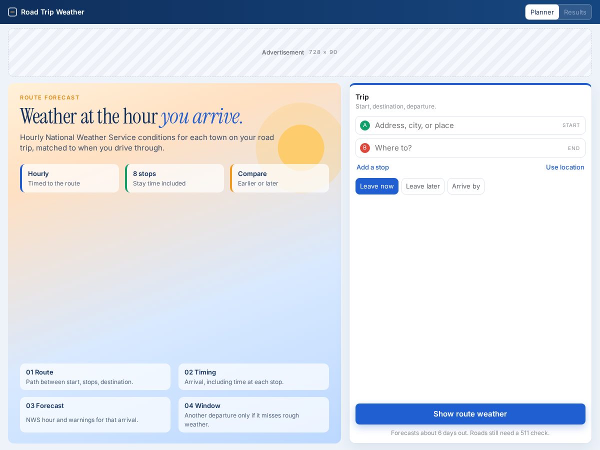 Landing-page snapshot of roadtripweather.app