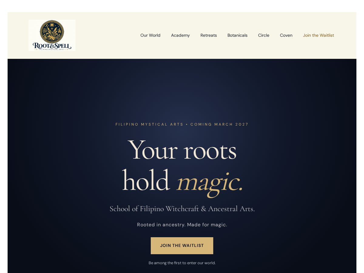 Landing-page snapshot of rootandspell.com