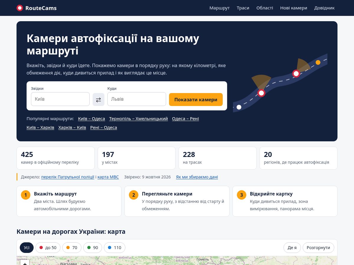 Landing-page snapshot of routecams.com