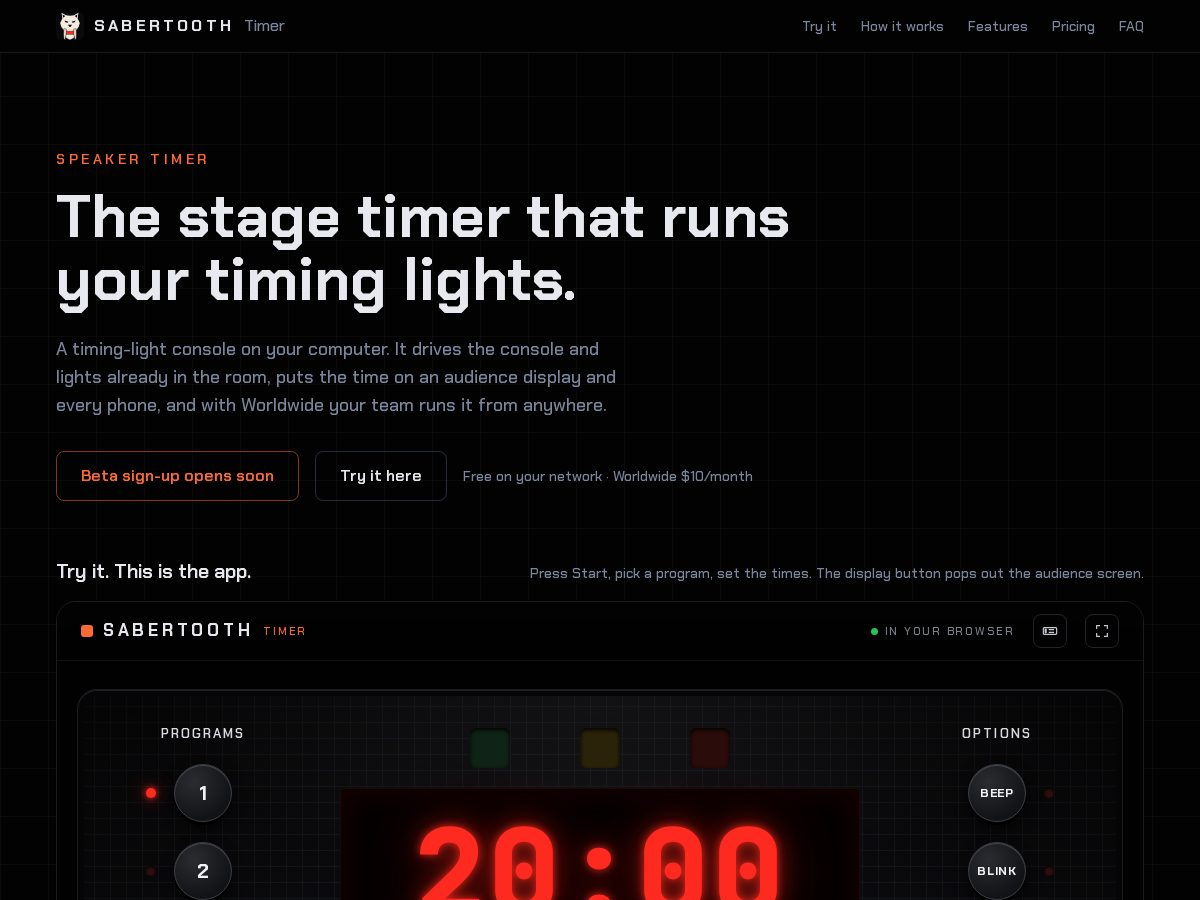 Landing-page snapshot of sabertoothtimer.com