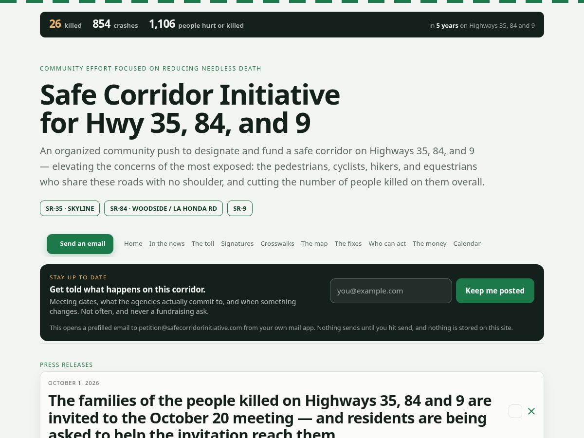 Landing-page snapshot of safecorridornow.com