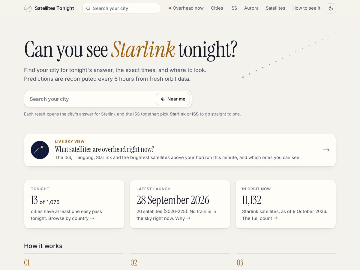 Landing-page snapshot of satellitestonight.com