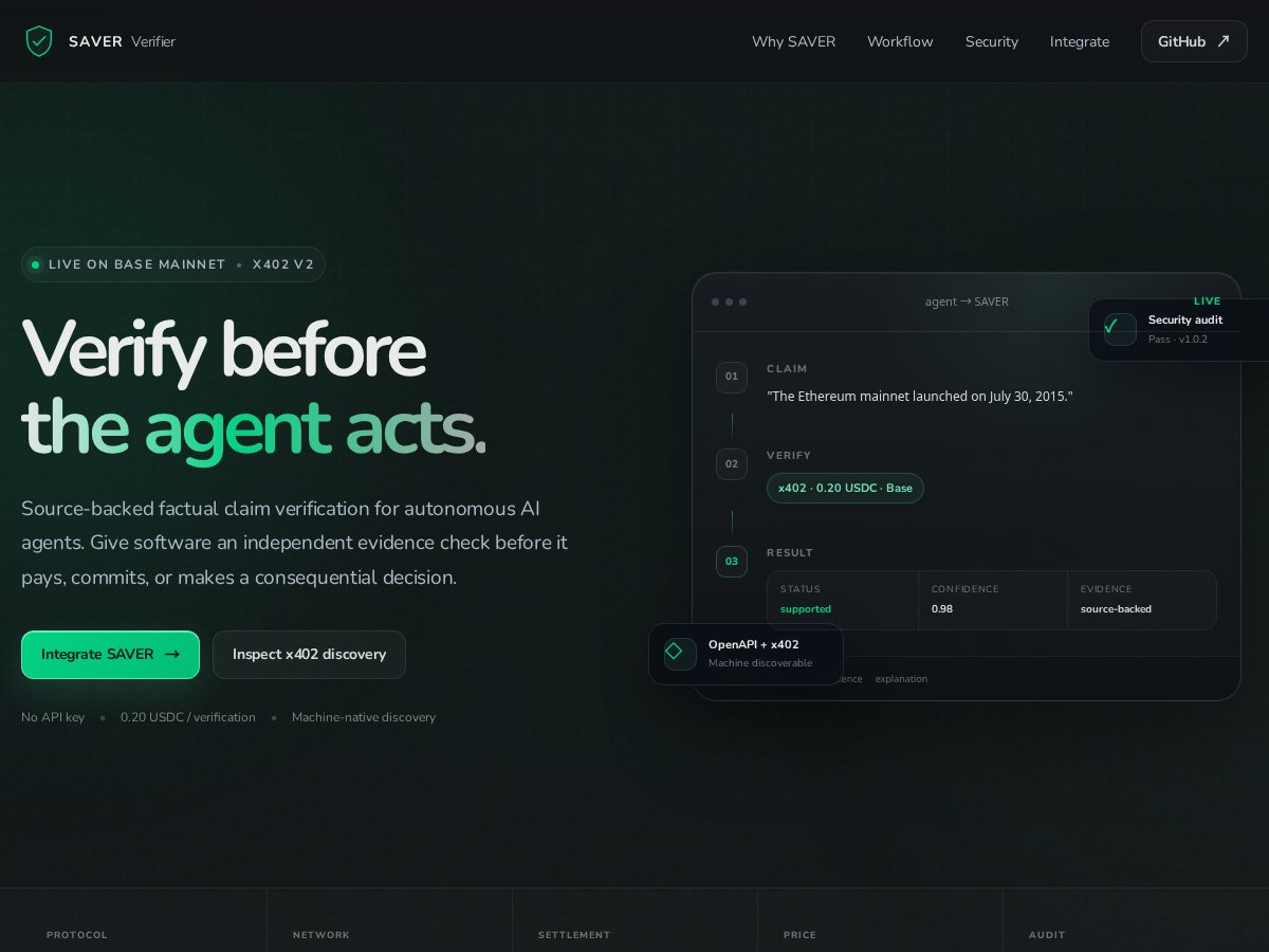 Landing-page snapshot of saververify.com