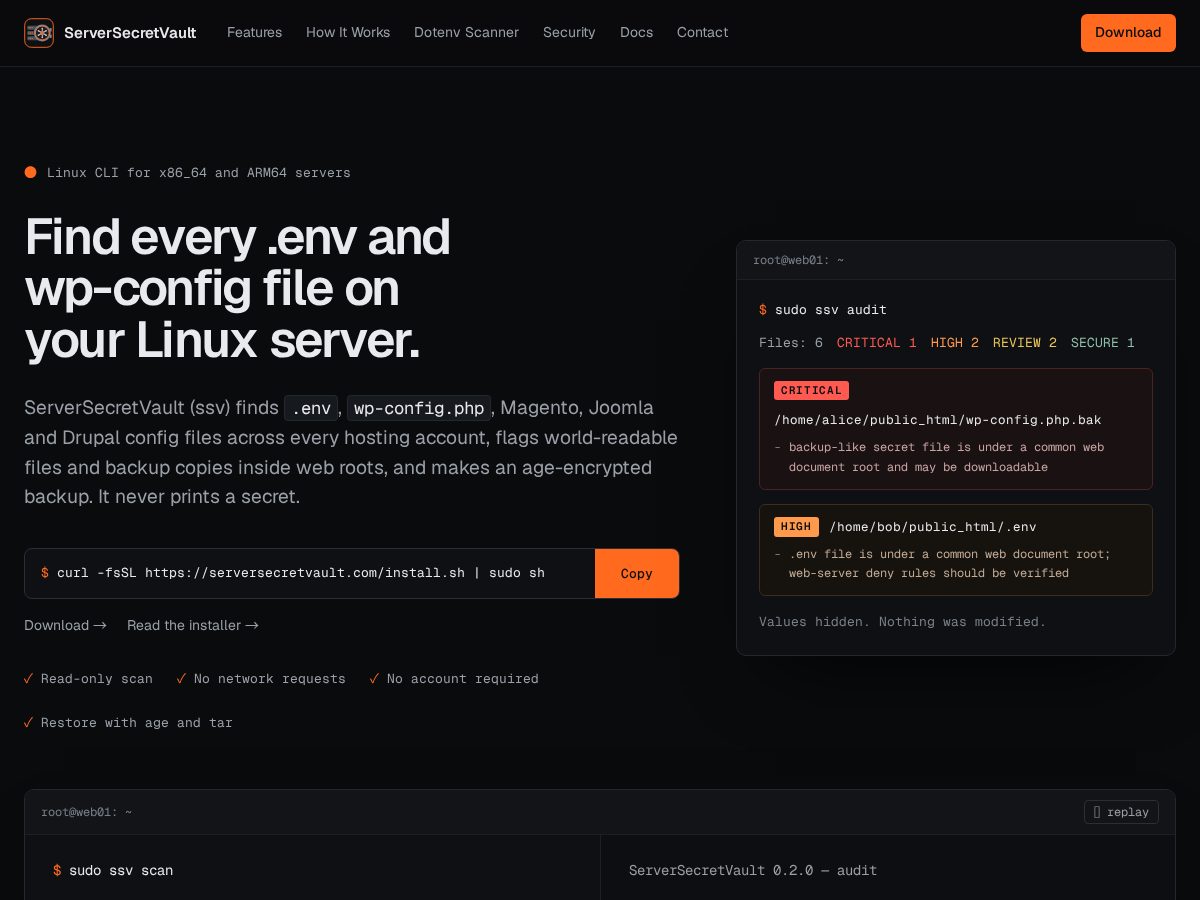 Landing-page snapshot of serversecretvault.com