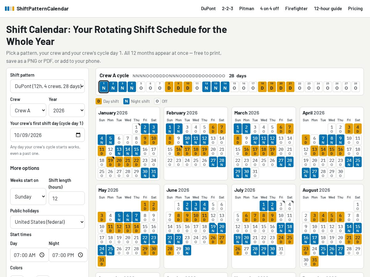 Landing-page snapshot of shiftpatterncalendar.com