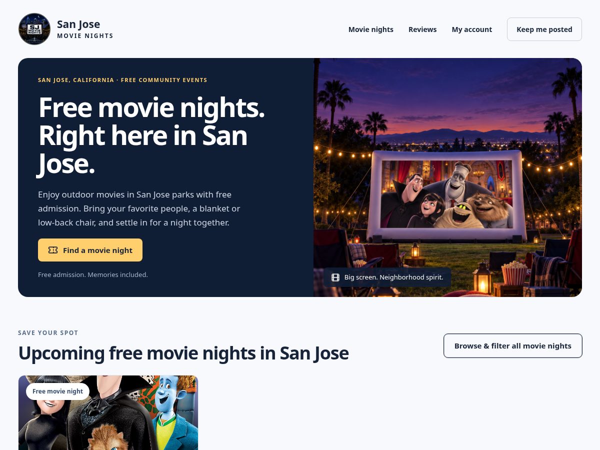Landing-page snapshot of sjmovienights.com