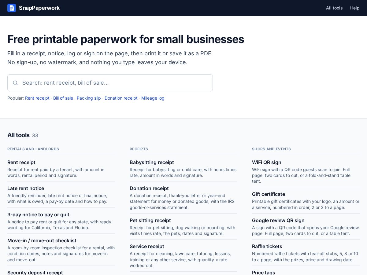 Landing-page snapshot of snappaperwork.com