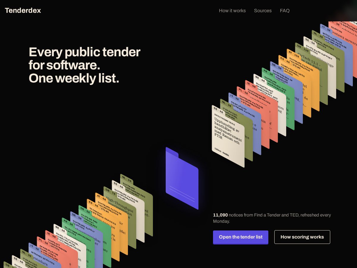 Landing-page snapshot of tenderdex.com