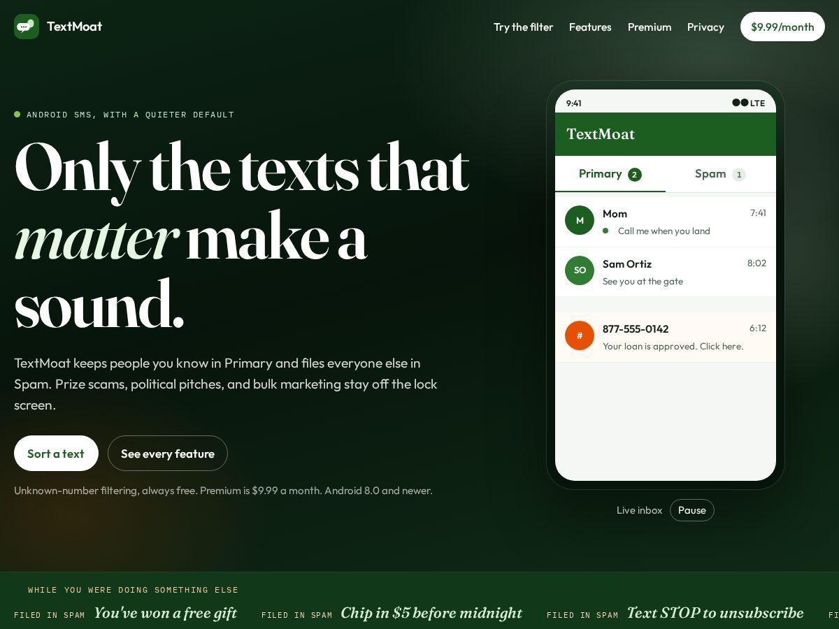 Landing-page snapshot of textmoat.com
