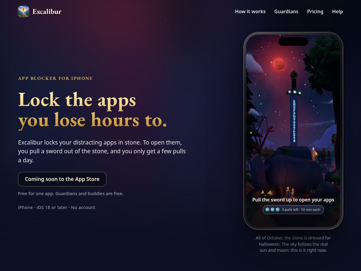 Landing-page snapshot of theexcaliburapp.com