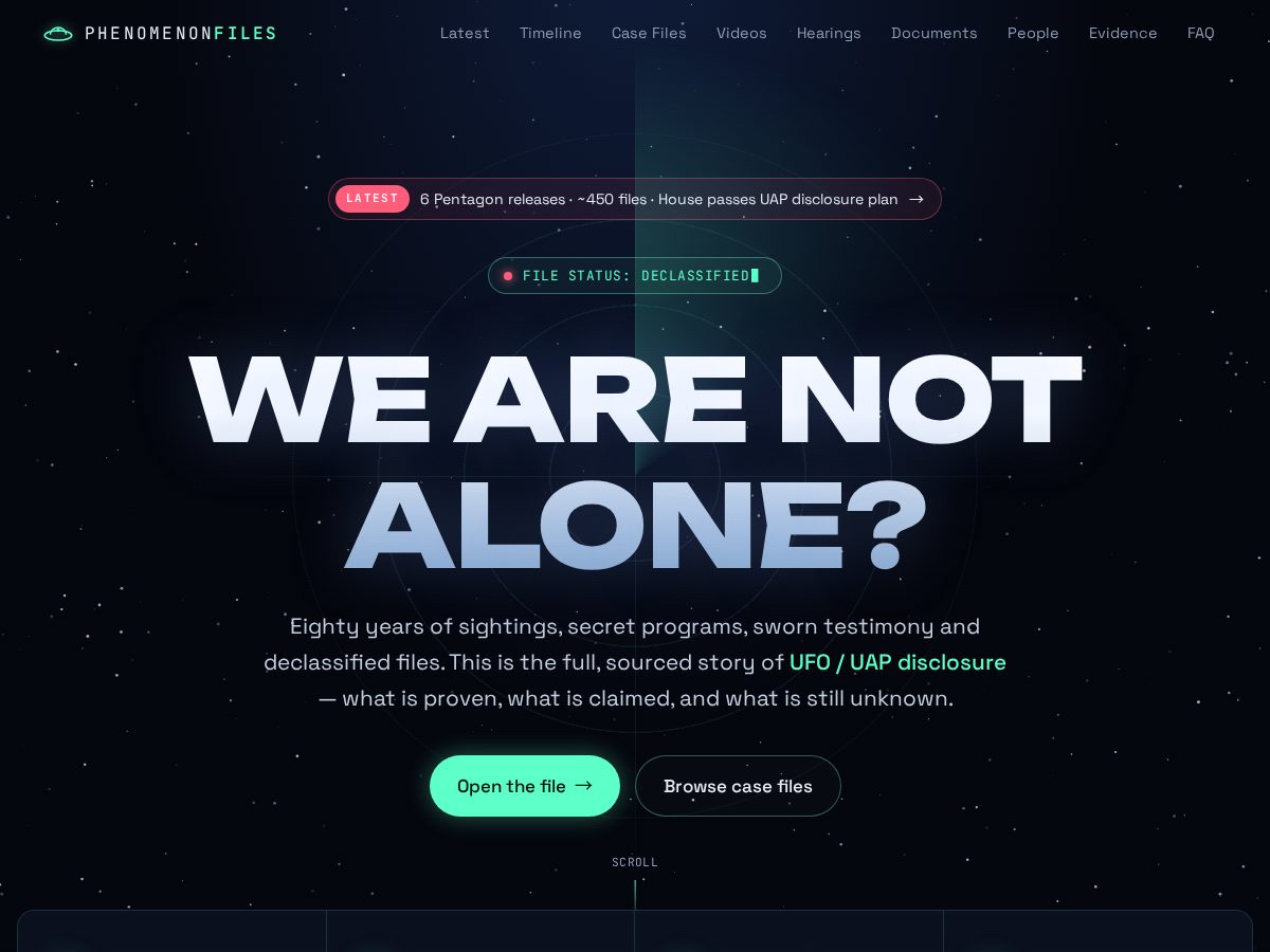 Landing-page snapshot of thephenomenonfiles.com