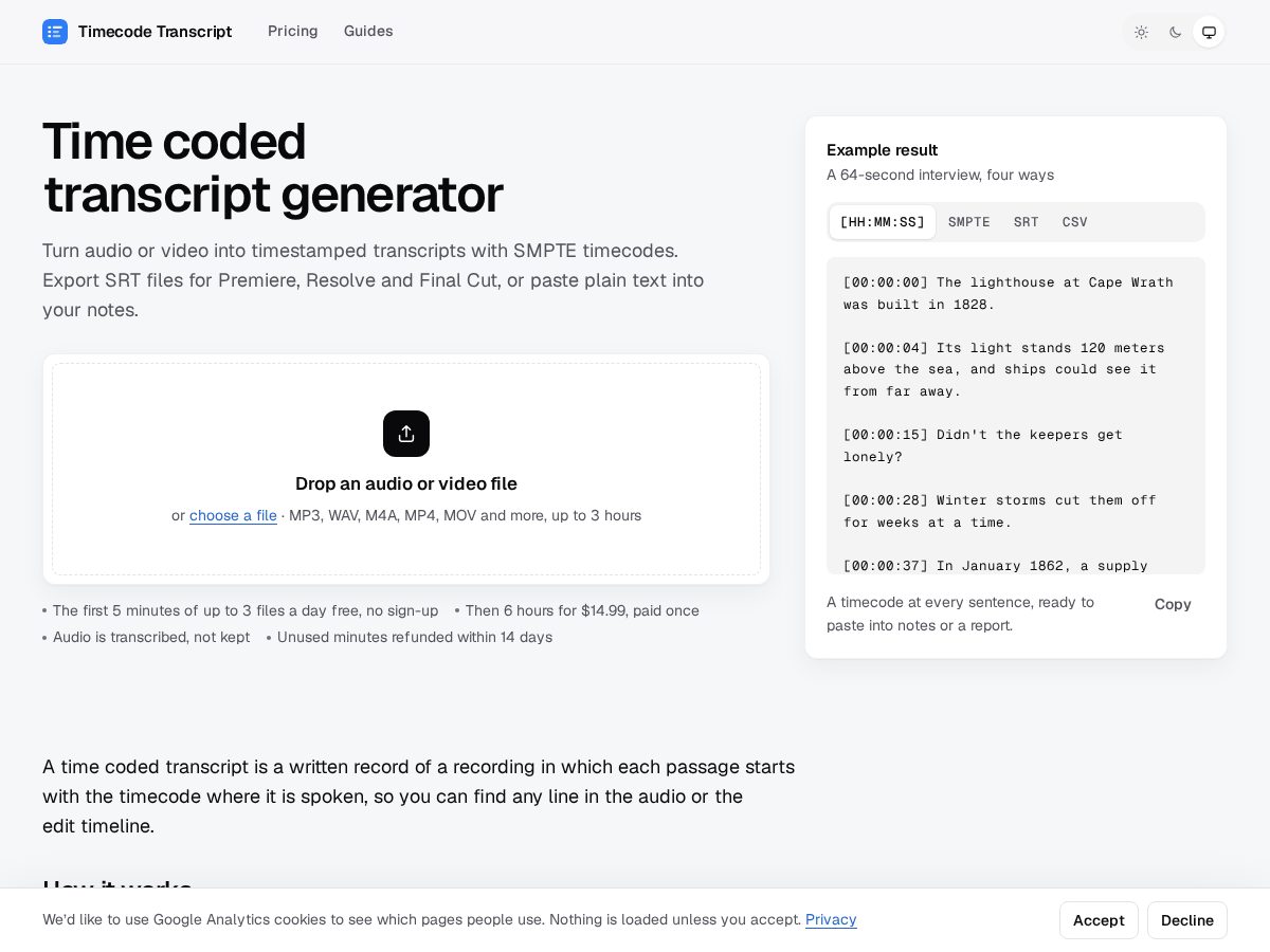 Landing-page snapshot of timecodedtranscript.com
