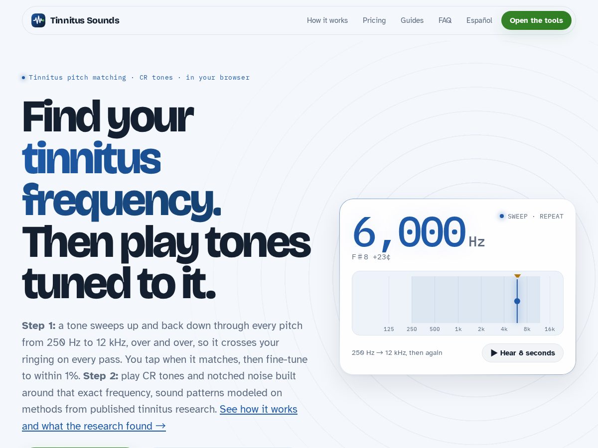 Landing-page snapshot of tinnitussounds.com
