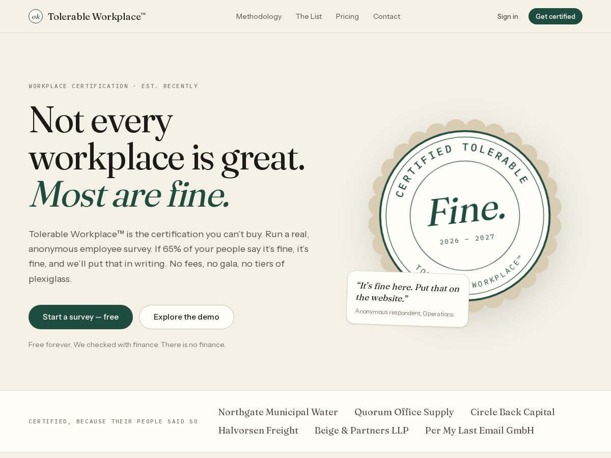 Landing-page snapshot of tolerableworkplace.com